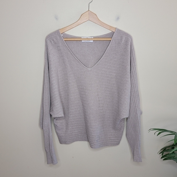 Everyday Chic Boutique | Taupe Ribbed V-neck Bat Wing Sweater Size Large - Picture 1 of 5
